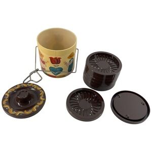 Vintage 1992 Folk Art Plastic Coaster Set & Caddy - 8 Stacking Coasters
